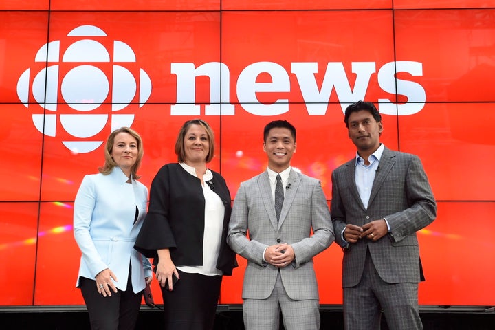 Adrienne Arsenault, Rosemary Barton, Andrew Chang and Ian Hanomansing (left to right) are named the new hosts of "The National," at a news conference in Toronto, Tuesday, Aug. 1, 2017.