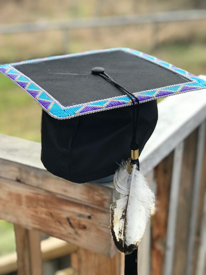 Graduate Cindy Forsey's convocation cap, beaded by artist Tiffany Hamelin.