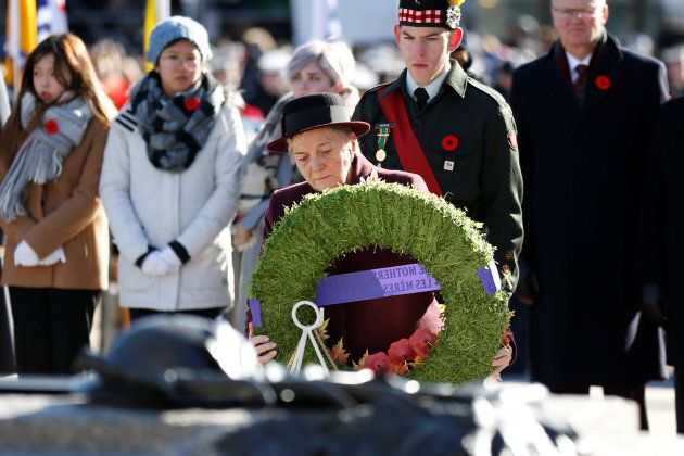Silver Cross Mother Diana Abel lays a wreath during Remembrance Day ceremonies at the National War Memorial. Her son, Michael, died in 1993 while serving in Somalia.