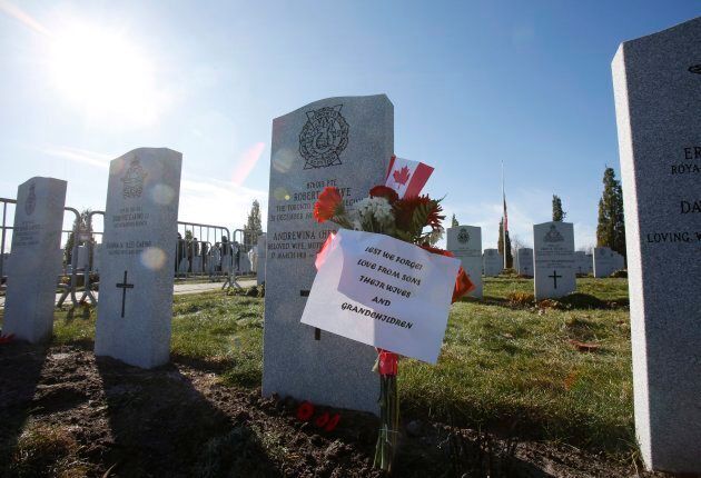 A message is left at the National Military Cemetery during a ceremony on Remembrance Day in Ottawa.