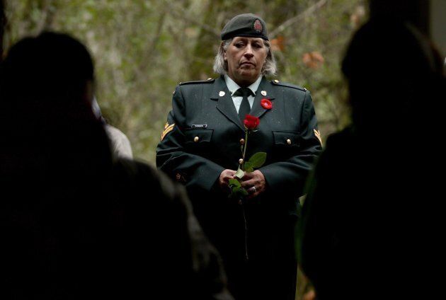 Royal Canadian Navy Master Cpl. Sarah Thomson looks on during the Aboriginal Remembrance Day ceremony at Goldstream Park.