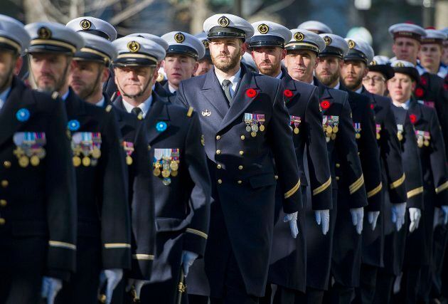 Members of the French Navy march during a Remembrance Day ceremony in Montreal.
