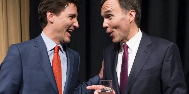 Prime Minister Justin Trudeau and Finance Minister Bill Morneau speak to media during a post-budget press conference in Ottawa on March 22, 2016.