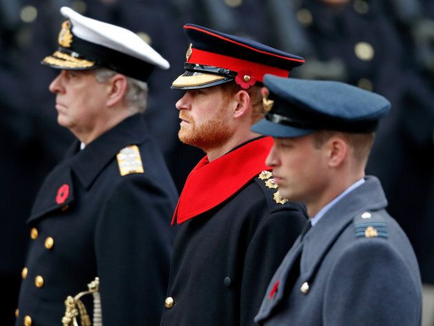 Prince Andrew, Duke of York, Prince Harry and Prince William, Duke of Cambridge attend the annual Remembrance Sunday Service at The Cenotaph on Nov. 12, 2017 in London, England.