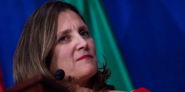 Canadian Foreign Minister Chrystia Freeland speaks during a press conference at the conclusion of the fourth round of negotiations for a new North American Free Trade Agreement at the General Services Administration headquarters in Washington, D.C., on Oct. 17, 2017.