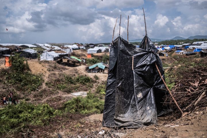 A makeshift latrine in a Rohingya refugee camp in Bangladesh.
