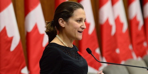 Chrystia Freeland, Minister of Foreign Affairs, makes an announcement on women, peace and security in Ottawa on Wednesday, Nov. 1, 2017.