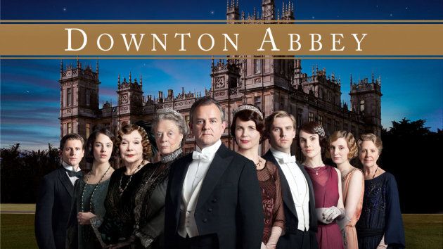 The cast of "Downton Abbey" with Lady Edith second from far right.