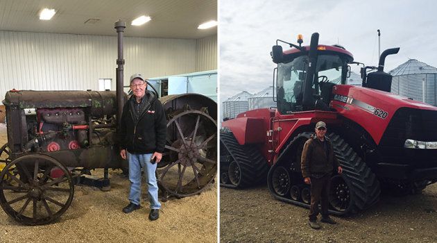 Jason LeBlanc's father, Ross, is pictured with his very first tractor (left) and his current one.