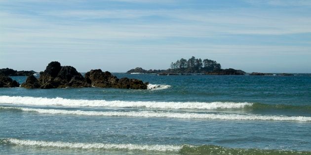 Waves crash on the rocks on Flores Island, Clayoquot Sound, B.C.