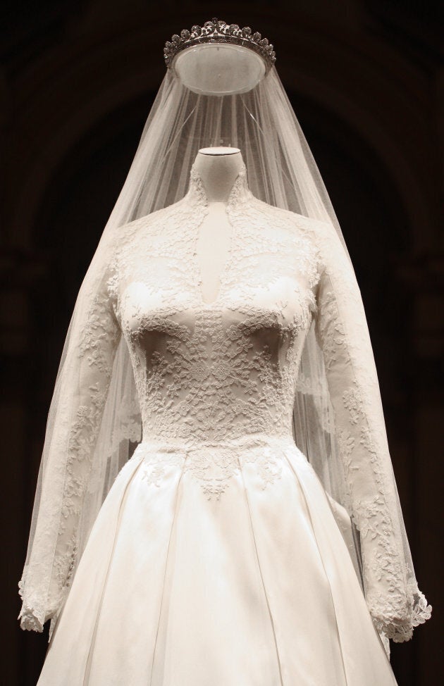 The wedding dress of Catherine, the Duchess of Cambridge, is pictured at Buckingham Palace on July 20, 2011.