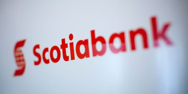 A Scotiabank logo is pictured at the company's annual general meeting in Kelowna, B.C., April 8, 2014. A new forecast from the bank says Canada is at heightened risk of a recession in the next several years.