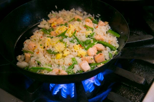 Ted Corrado, corporate executive chef for Drake Hotel Properties, shows how he makes salmon fried rice.