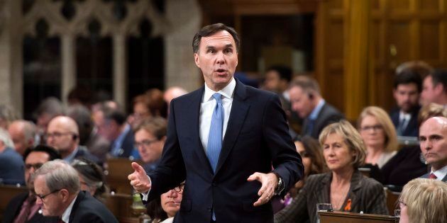 Finance Minister Bill Morneau stands during question period in the House of Commons on Parliament Hill in Ottawa on Nov. 27, 2017.