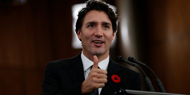 Prime Minister Justin Trudeau gives a thumbs up during a news conference in Ottawa on Nov. 3, 2016.