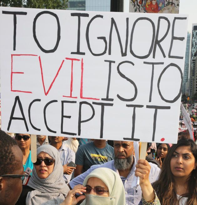 Hundreds of demonstrators marched to protest against the violence against Rohingyas in Myanmar, in Toronto, Ont. on Sept. 16, 2017.