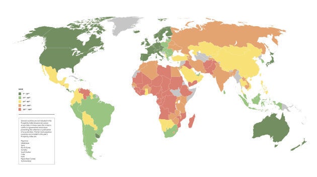 This colour-coded map shows the world's countries ranked by prosperity, Countries in deep green are the most prosperous, and countries in red are the least prosperous.