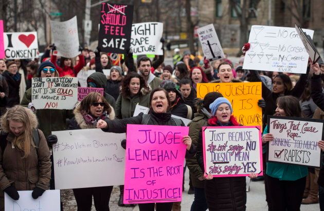 Demonstrators protest Judge Gregory Lenehan's decision to acquit a Halifax taxi driver charged with sexual assault during a rally in Halifax on March 7, 2017.