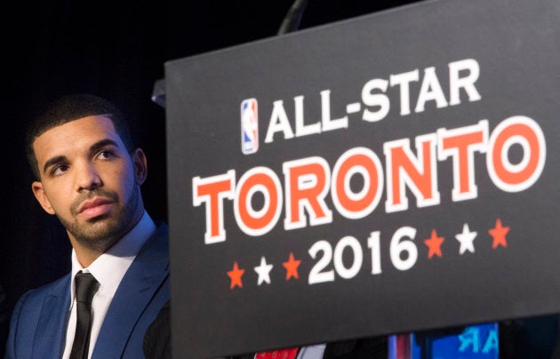 Drake looks on during an announcement on Sept. 30, 2013, that the Toronto Raptors will host the NBA All-Star game in Toronto.