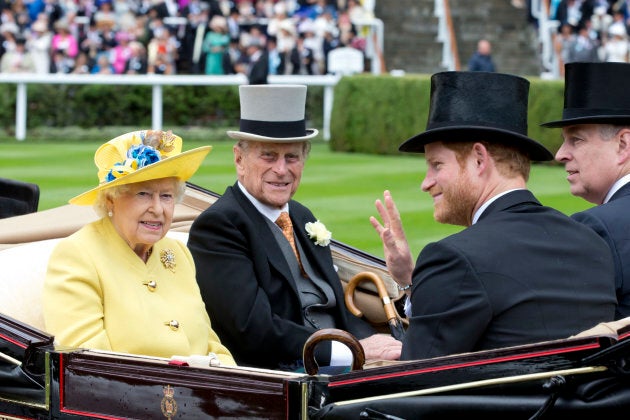 Queen Elizabeth II and Prince Philip with Prince Harry and Prince Andrew on the first day of The Royal Ascot race in June 2016.