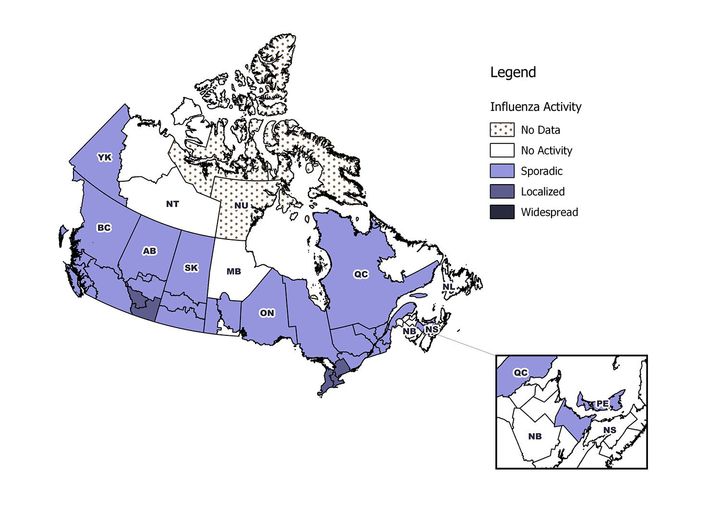 This image from Health Canada shows the spread of influenza across Canada during the week of Nov. 19 to 25, 2017.