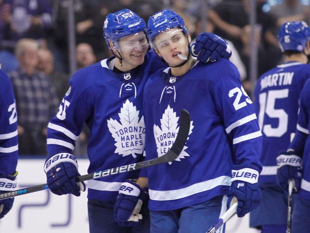 Toronto Maple Leafs forward William Nylander (29) is congratulated by defenseman Andreas Borgman (55) after scoring the game-winning goal against the New Jersey Devils at the Air Canada Centre, Nov 16, 2017 in Toronto.