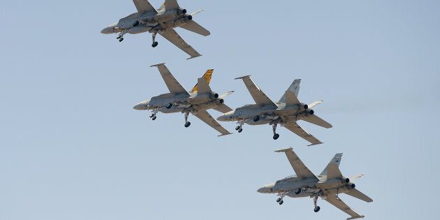 Four F/A-18F Super Hornet fighter jets, manufactured by Boeing Co., fly in formation during the Australian International Airshow held at Avalon Airport in Geelong, Australia, on March 1, 2017.