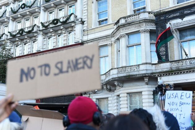 An anti slavery demonstration took place outside the Libyan Embassy in Knightsbridge, London on Nov. 26, 2017.