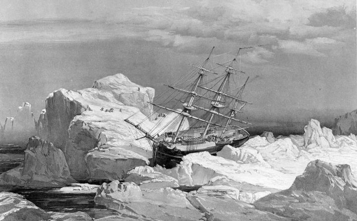 The HMS Investigator — sent dispatched on the search for the doomed Franklin Expedition — is stranded in ice on the north coast of Baring Island in the Arctic in a 1851 drawing.