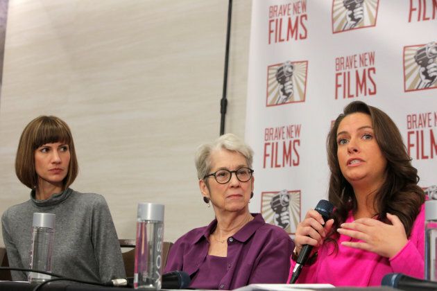 Rachel Crooks, a former receptionist at Trump Tower, Jessica Leeds and Samantha Holvey, a former Miss North Carolina, attend a news conference for the film "16 Women and Donald Trump" which focuses on women who have publicly accused President Trump of sexual misconduct, in New York City on Dec. 11, 2017.
