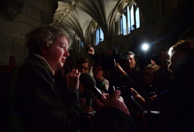 Ethics Commissioner Mary Dawson speaks to reporters after appearing as a witness at a commons committee on Parliament Hill, in Ottawa on Oct. 17, 2017.