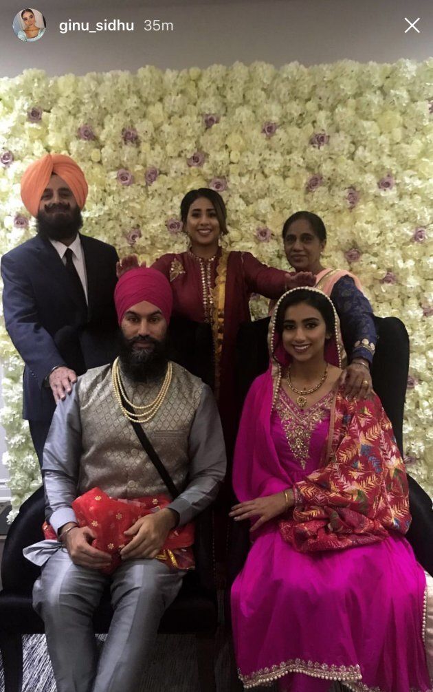 Jagmeet Singh and Gurkiran Kaur Sidhu pose for a photo with her family on Sunday that was posted to Instagram.