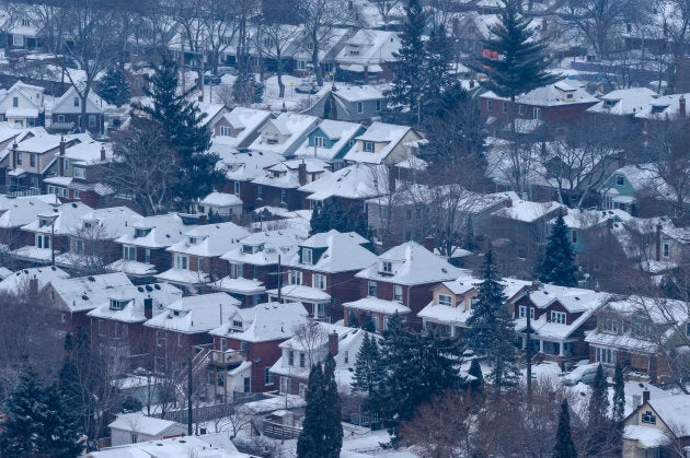 Residential Hamilton, Ont. neighbourhood on a gray, winter morning, as seen from the Escarpment.