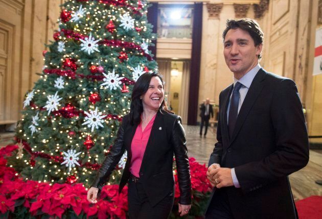 Prime Minster Justin Trudeau is greeted at City Hall by Montreal mayor Valerie Plante on Dec. 19, 2017 in Montreal.