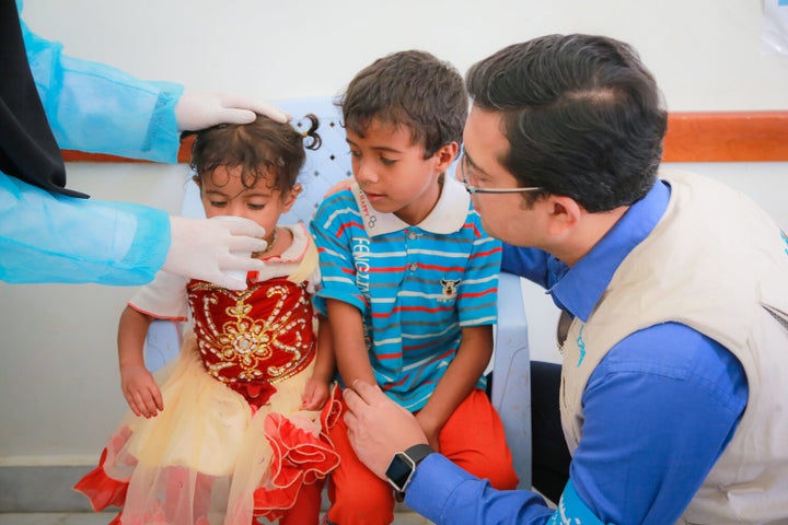 On July 12, 2017, at the Alsonainah Health Centre in Yemen, children with acute watery diarrhea/suspected cholera are treated with oral rehydration solution. A UNICEF team visits the health centre to make sure that the center has enough supplies.