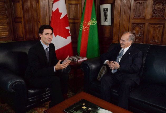 Prime Minister Justin Trudeau meets with the Aga Khan on Parliament Hill in Ottawa on May 17, 2016.