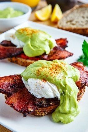 Bacon Eggs Benedict with Avocado Hollandaise