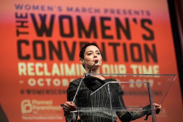 Rose McGowan speaks during The Women's Convention at Cobo Center in downtown Detroit, Friday, Oct. 27, 2017.