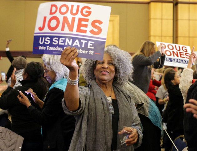 Supporters of Democratic Alabama U.S. Senate candidate Doug Jones celebrate at the election night party in Birmingham, Ala. on Dec. 12, 2017.
