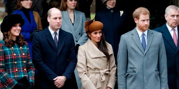 Catherine, Duchess of Cambridge, Prince William, Duke of Cambridge, actress Meghan Markle and Prince Harry wait to see off Queen Elizabeth II after attending the Christmas Day church service at St Mary Magdalene Church in Sandringham, Norfolk, on December 25, 2017.