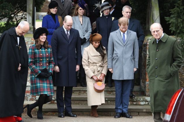 Princess Beatrice, Princess Eugenie, Princess Anne, Princess Royal, Prince Andrew, Duke of York, Prince William, Duke of Cambridge, Prince Philip, Duke of Edinburgh, Catherine, Duchess of Cambridge, Meghan Markle and Prince Harry attend Christmas Day Church service at Church of St Mary Magdalene on December 25, 2017. (Chris Jackson/Getty Images)