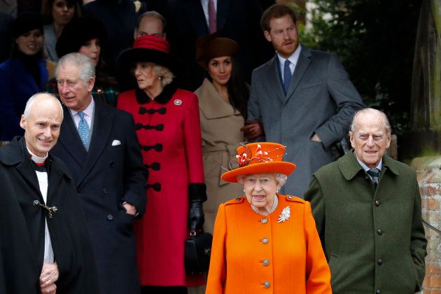 Prince Charles, Prince of Wales, Camilla, Duchess of Cornwall, Meghan Markle, Prince Harry, Queen Elizabeth II and Prince Philip, Duke of Edinburgh leave after attending the Christmas Day church service at St Mary Magdalene Church in Sandringham, on December 25, 2017.