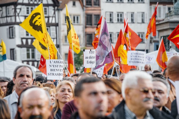 Demonstrators protesting against Turkish President Recep Tayyip Erdogan's visit to Strasbourg, France, on Oct. 4, 2015.