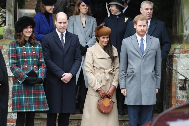 The Duke and Duchess of Cambridge with Meghan Markle and Prince Harry at the Church of St Mary Magdalene on Dec. 25, 2017.