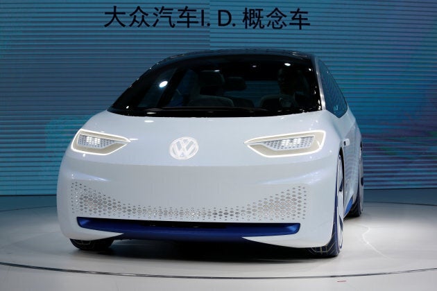 A Volkswagen I.D. electric vehicle is shown at a news conference in Guangzhou, China on Nov. 17, 2016.