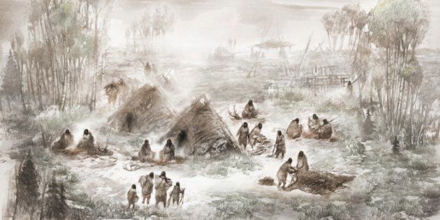 An illustration released Jan. 3, 2018 depicts the Upward Sun River base camp site in central Alaska, where the 11,500-year-old remains of a 6-week-old girl were discovered in 2013.