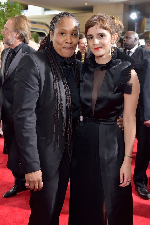Activist Marai Larasi and Emma Watson attend The 75th Annual Golden Globe Awards.