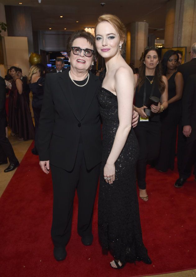 Former tennis player Billie Jean King and Emma Stone celebrate the 75th Annual Golden Globe Awards.