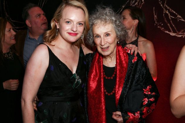 Margaret Atwood and Elisabeth Moss attend the premiere of Hulu's 'The Handmaid's Tale' on April 25, 2017 in Hollywood, California.