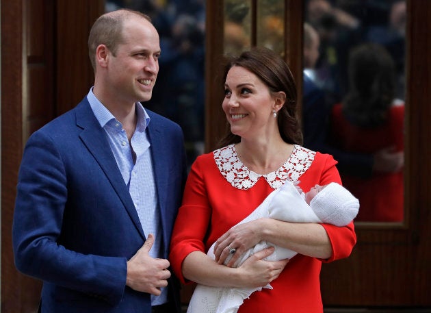 Prince William and Kate, Duchess of Cambridge pose for a photo with their newborn son Prince Louis as they leave the Lindo wing at St Mary's Hospital in London, Monday, April 23, 2018.